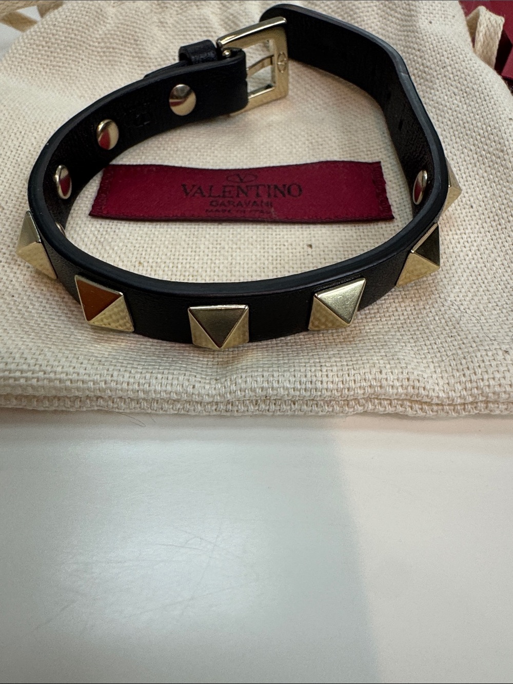 Valentino Garavani Black Leather Studded Bracelet with Gold Pyramids